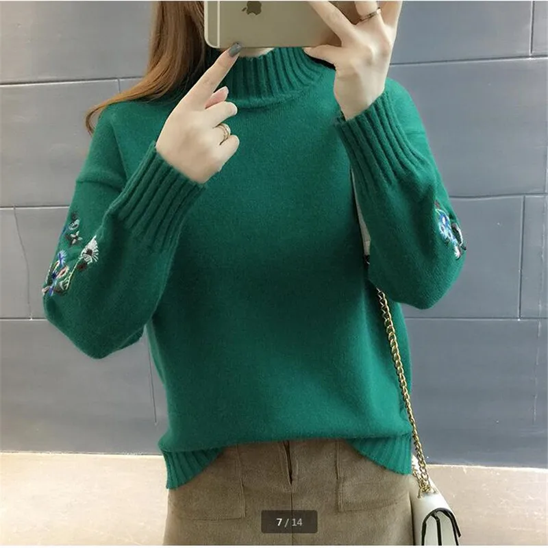 UHYTGF Fashion Women Sweaters 2023 Autumn Winter Sweater Woman Pullovers Flower Embroidered Turtleneck Knitt Sweater Long sleeve