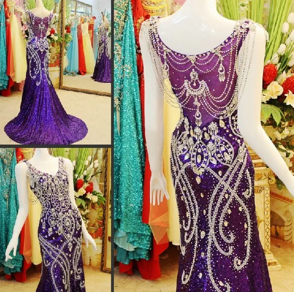 

Custom Made Real Photos 2021 Purple Mermaid V-neck Sequins Beading Crystal Luxury Sexy Bride Evening Dresses Prom Party Gown JO3