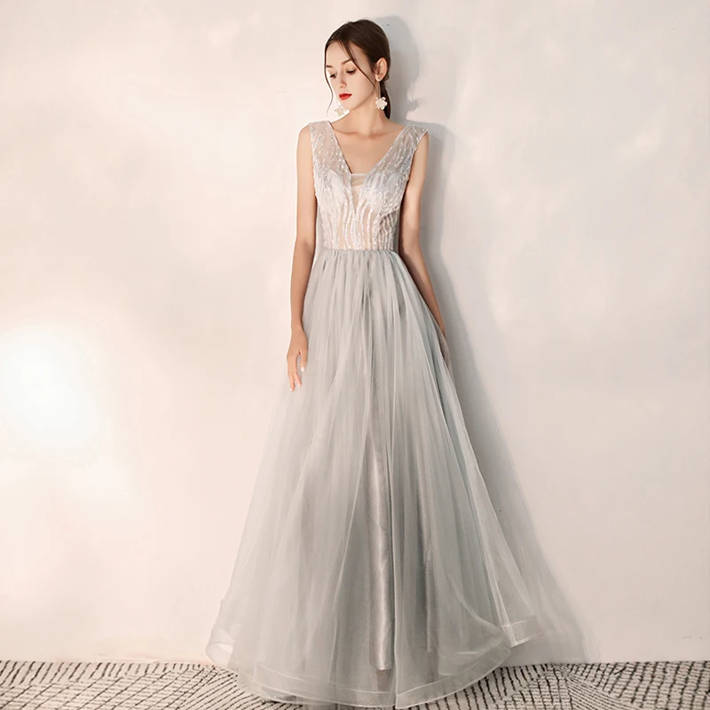 2019 New Stylish Formal Evening Dress Illusion Sexy V-neck a Line Prom Party Dresses New Design Robe De Soiree Haute Couture