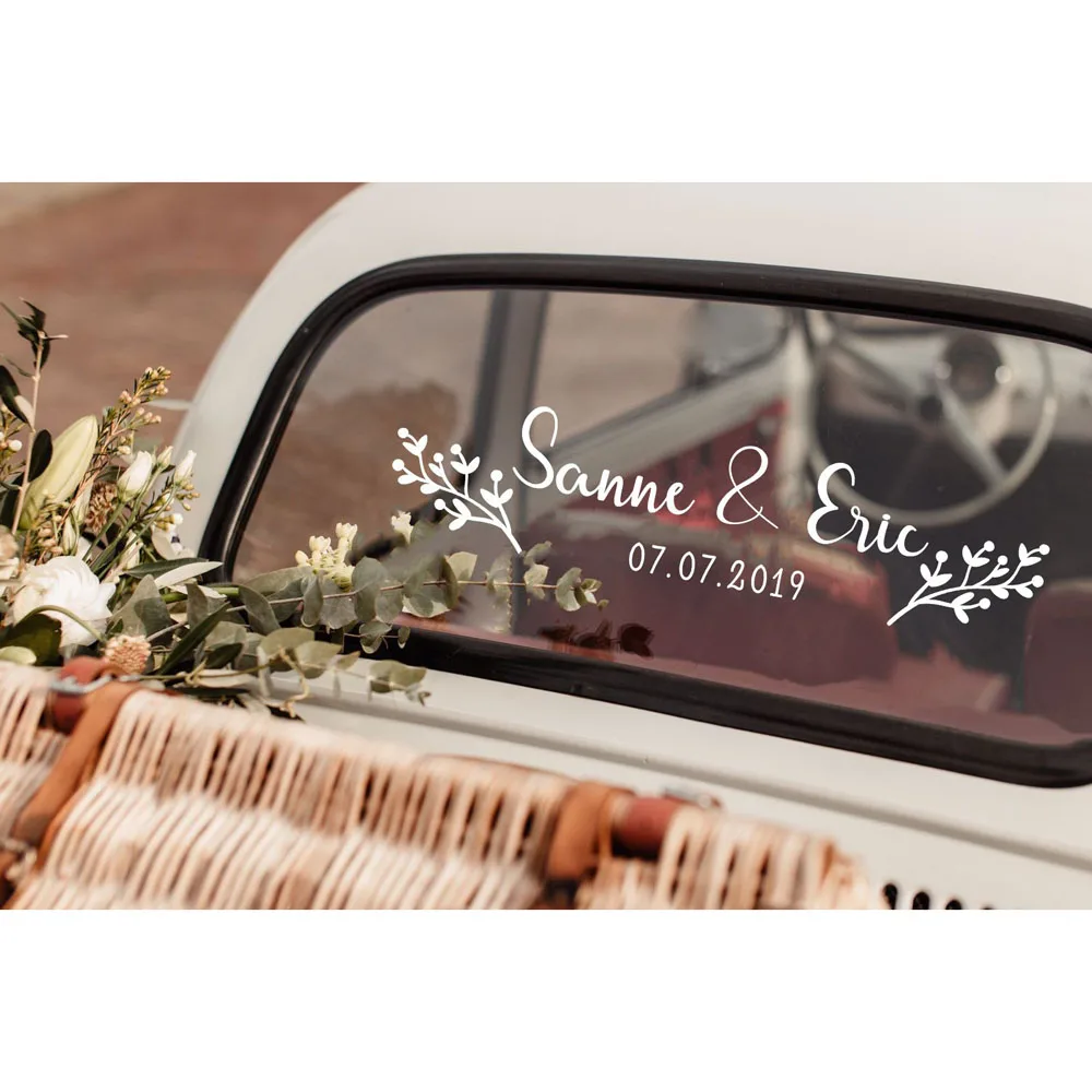 Floral Customised Name Date Stickers DIY Wedding Car Decor Vinyl Decal Personalised Bride Groom Names Removable Mural G267