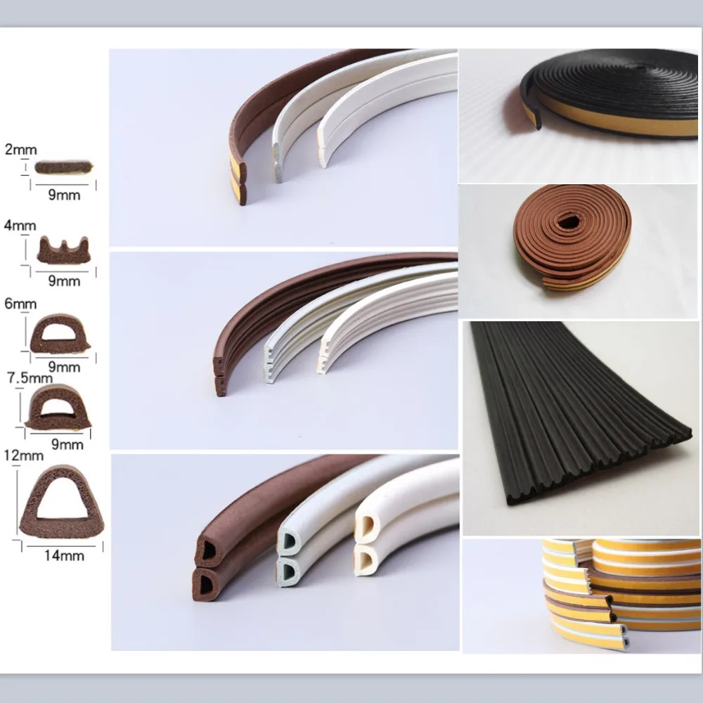 Door Window EPDM Rubber Self-adhesive Sealing Strip Wardrobe Seals Gasket 9mm x 2/4/5.5/6mm White Dark Gray Brown Black Mahogany