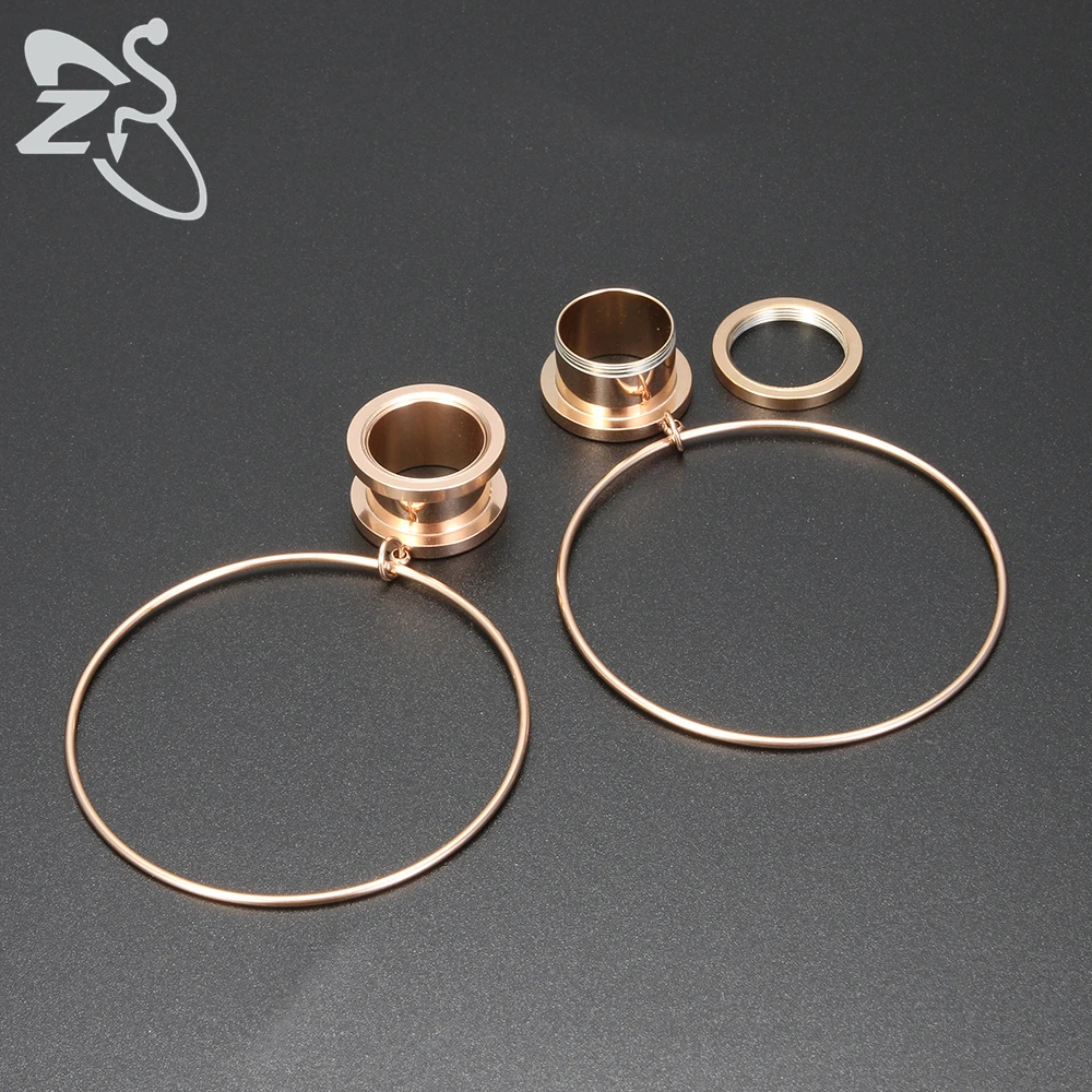 ZS 4-20mm Big Circle Ear Plug Tunnel Stainless Steel Screw Flesh Tunnel Steel Rose Gold Color Ear Tunnels Body Piercing Jewelry