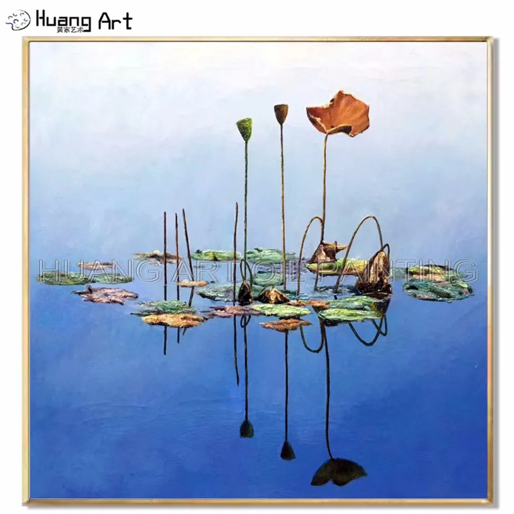 Skilled Artist Hand-painted High Quality Impressionist Lotus Oil Painting on Canvas Beautiful Water Lily Blue Landscape Painting