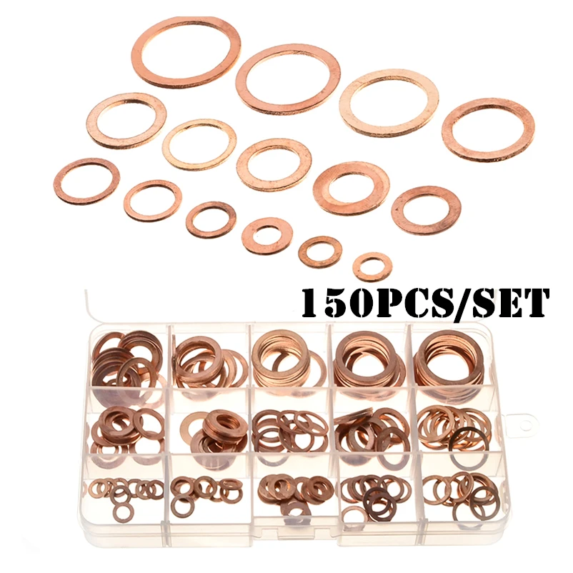 150PCS Solid Copper Crush Washers Kit Seal Flat Ring Gasket Set Plug Washer Assortment KitM6/M8/M10/M12/M14/M16/M18/M20/M22