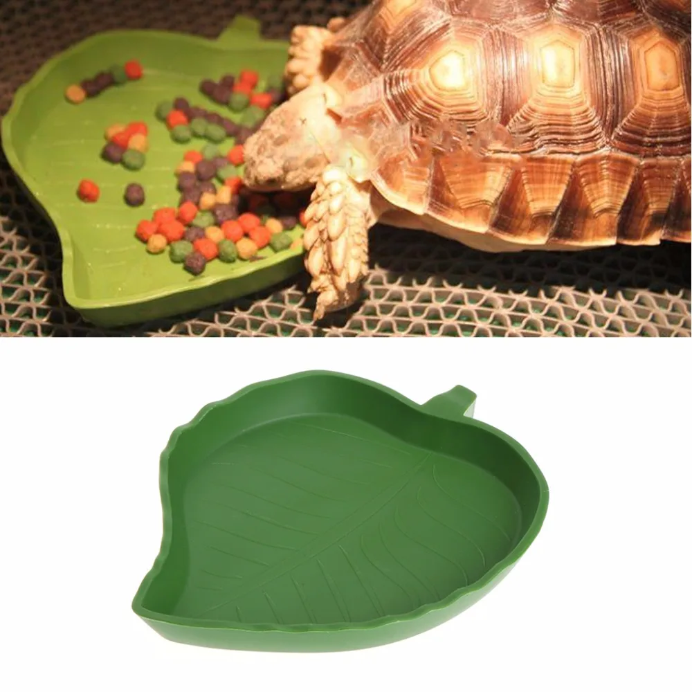 Plastic Reptile Pet Water Food Dish Bowl Gecko Meal Worm Feeder Green Leaf Shape 2size Turtle Aquatic Pets Supplies