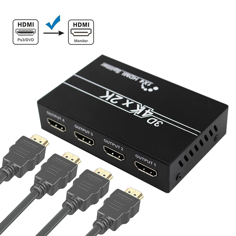 

4K HDMI Splitter 1X4 UHD 3D HDCP Distrubite 1080p Switch Switcher Adapter Repeater Amplifie for Laptop HDTV DVD PS3 PS4 Xbox