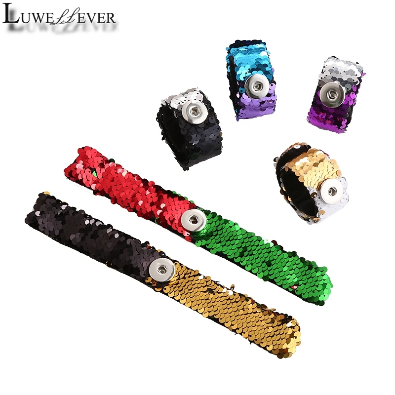 Double Colors 18mm Snap Button Reversible Sequins Bracelet 004 Christmas Fashion Fabric Bangle Clap Circle Women Kids Gift 21cm