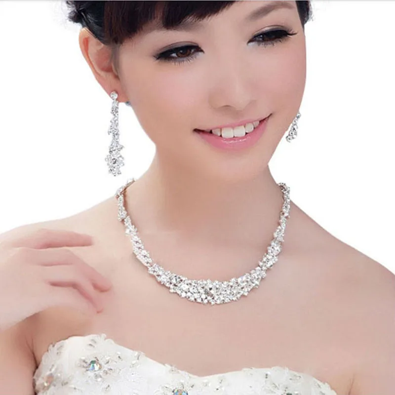 TREAZY Tassel Crystal Bridal Wedding Jewelry Sets for Women Silver Color Choker Necklace Earrings Set Wedding Party Jewelry