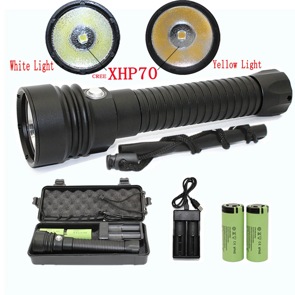 XHP70  LED diving flashlight waterproof flashlight torch white yellow light hunt lanterna +26650 Battery +Charger