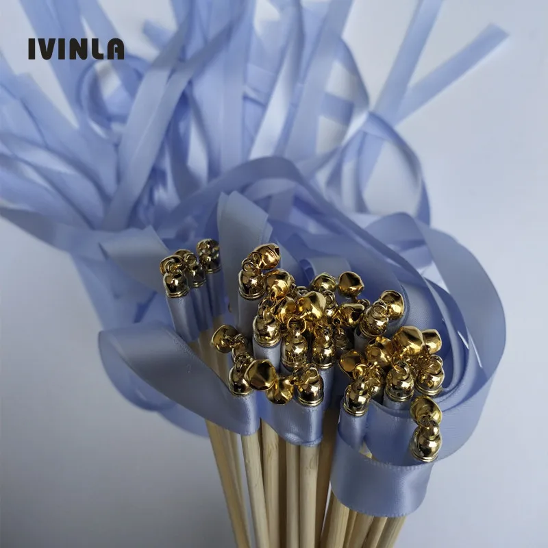 50pcs/lot light blue wedding ribbon wands with sliver bell  for wedding decoration