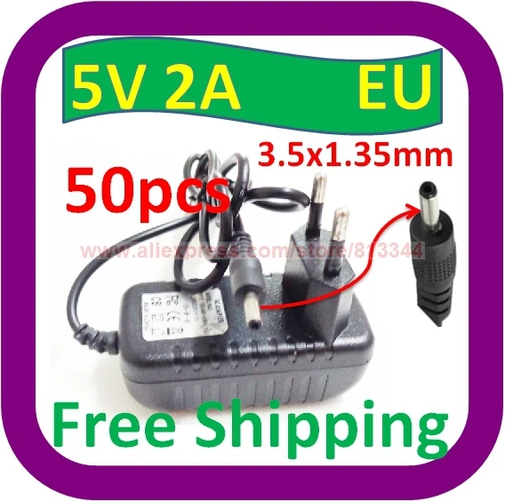 50 piece Free Shipping 5V DC 2000mA (2A)EU plug Regulated Power Supply 3.5mm 1.35mm Tip Extra Adapter Charger