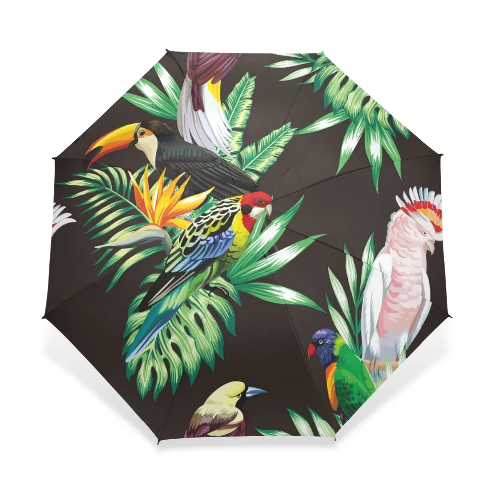 Three Folding Green Leaf Parakeet Print Umbrella Rain Women Automatic Windproof Sun Protection Umbrella Male Parapluie Parasol