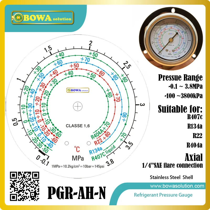 3.8MPa high refrigerant pressure gauge with axial front flange installation is used for various gas, replace Refco or LR gauges