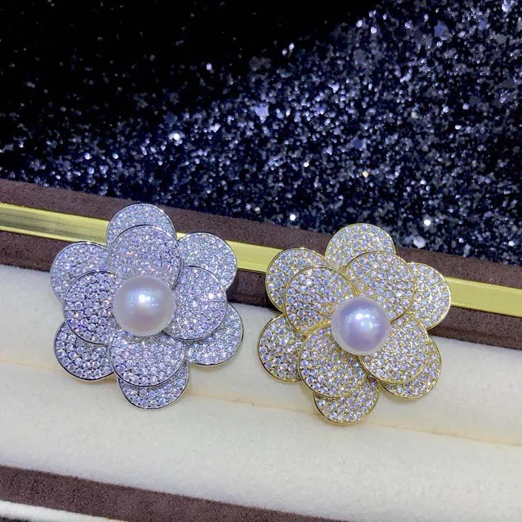 Shinning Flower Pearl Brooch Base Full Rhinestones Breastpin Jewelry Accessory Women DIY Components 3Pieces/Lot