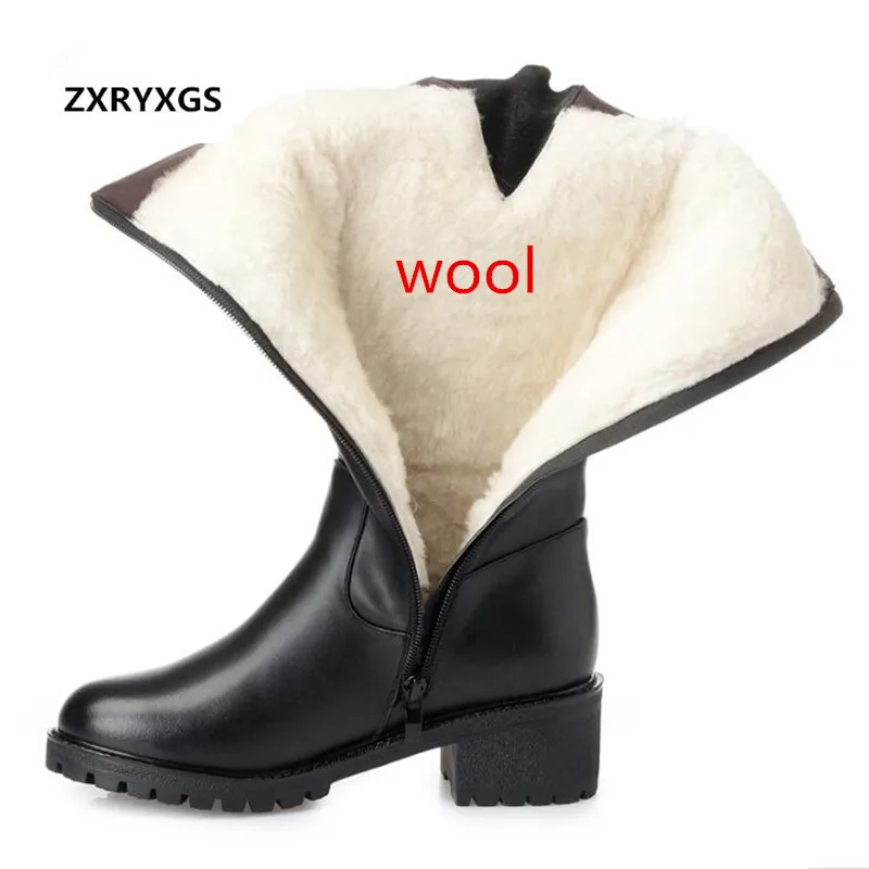 

2024 New Winter Elegant Fashion Women Shoes Boots Thick Heel Large Size Genuine Leather Shoes Woman Warm Plush Wool Snow Boots