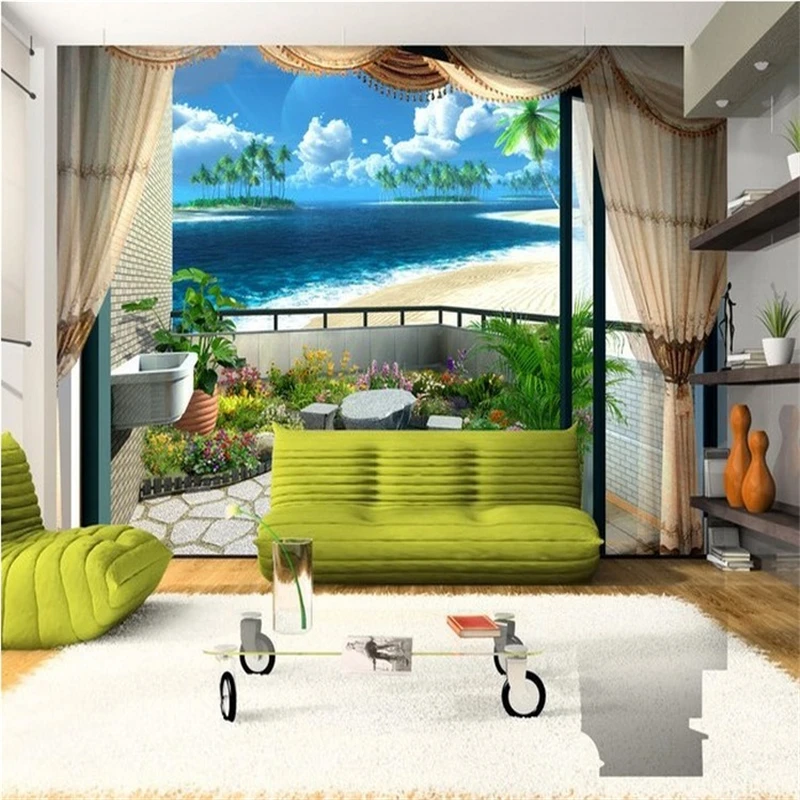 Custom wallpaper photo sea view balcony romantic 3D TV background Self adhesive wallpaper mural 3d wallpaper papel de parede