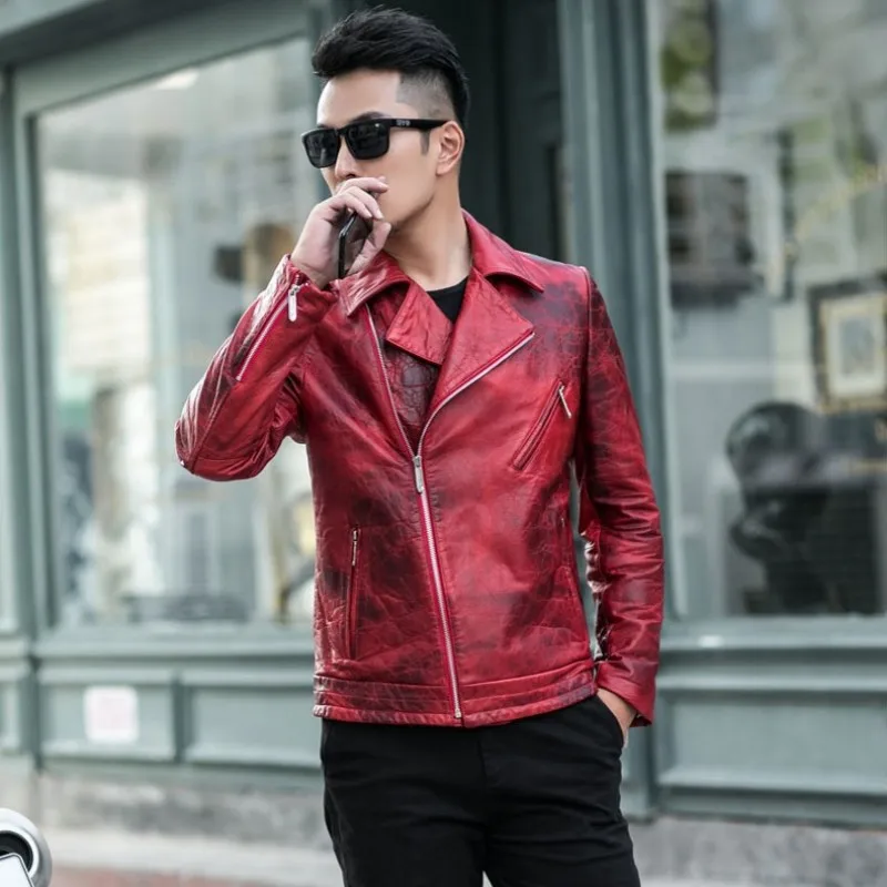 New Mens Luxury Sheepskin Genuine Leather Jacket Slim Fit Motorcycle Leather Jacket Men Punk Designer Red Outwear Coat 4XL