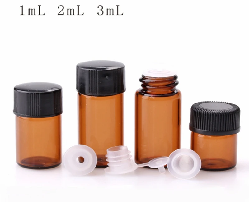 

100pcs/lot 1ml 2ml 3ml Red Amber Glass Bottle With Plastic Lid Insert Essential Oil Glass Vials Perfume Sample Test Bottle