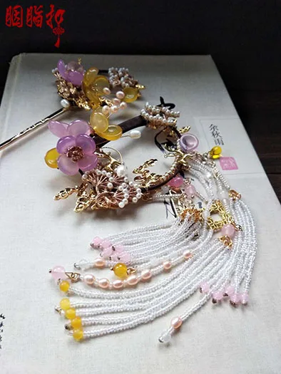 Wang Xian Ancient Chinese Fan Long Tassel Hanfu Hair Jewelry Deer Hair Piece Pink Purple Jade Petal Lemon Stone Hair Stick