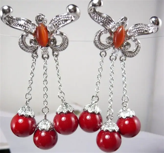 

fine design 3 8mm red shell pearl beads earrings