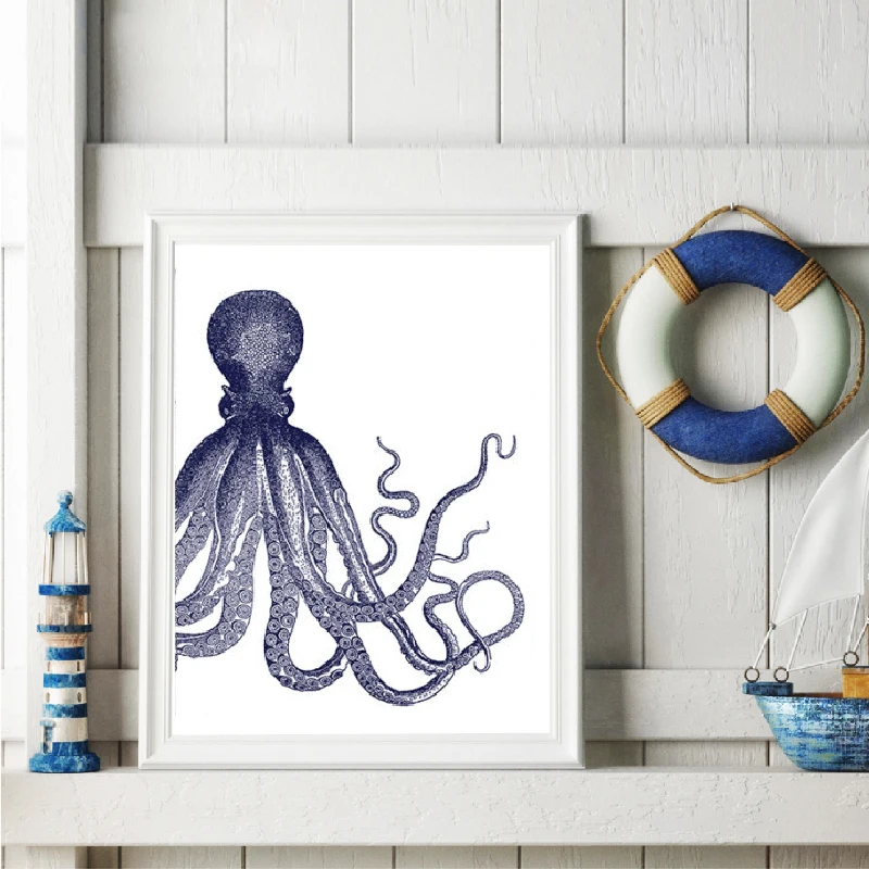 Octopus Nautical Vintage Posters and Prints Kraken Octopus,Sea horse Canvas Painting Pictures Rustic Bathroom Wall Art Decor