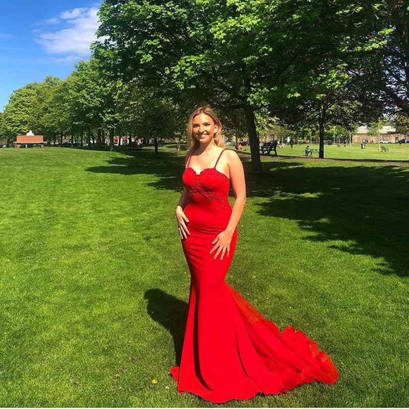 2019 Robe De Soiree Long Red Gorgeous Mermaid Evening Dresses Red Appliques Women Formal Party Dress Prom Gown Vestido De Festa