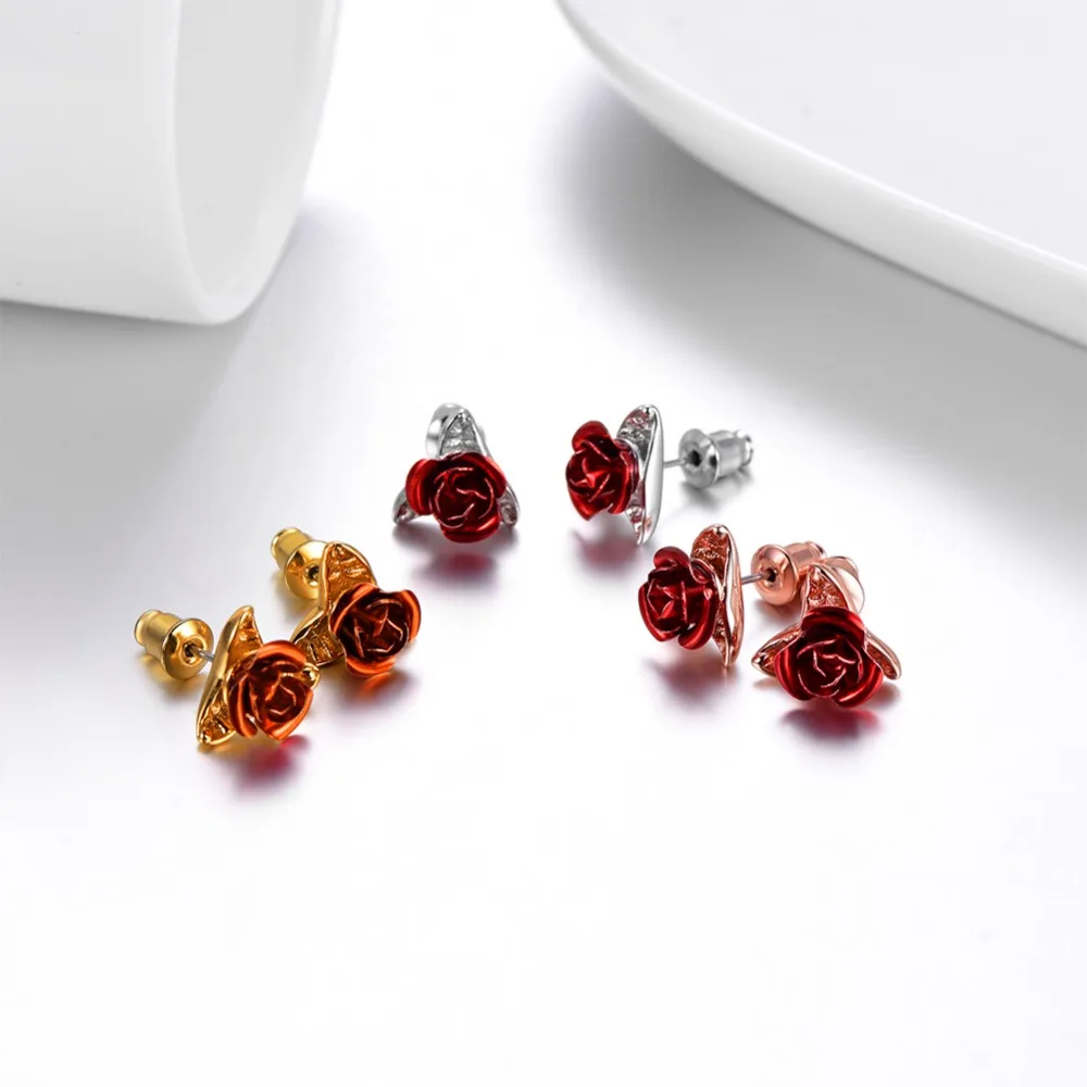 U7 Cute Red Rose Metal Flowers Stud Earring For Women Lady Romantic Gift Brincos Wedding Earrings Party Jewelry E1014