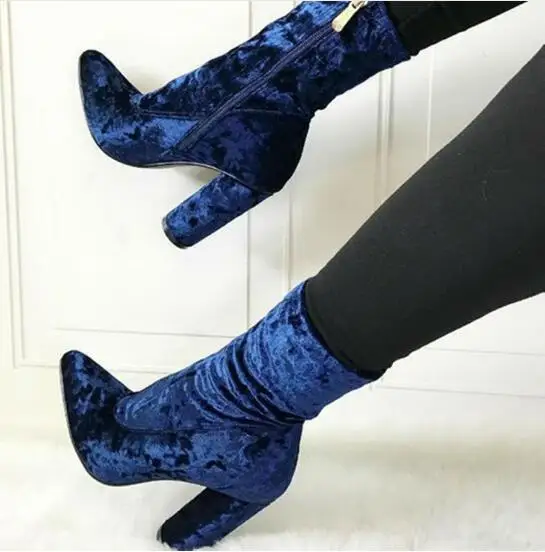 

Women New Fashion Pointed Toe Blue Velvet Chunky Heel Short Boots Zipper-up Thick Heel Ankle Booties Formal Dress Shoes