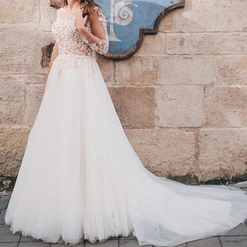 

Boho A-line Wedding Dress With Long Sleeves Illusion Bodice Robe De Mariee Appliques Covered Buttons Tulle Skirt Bridal Dress