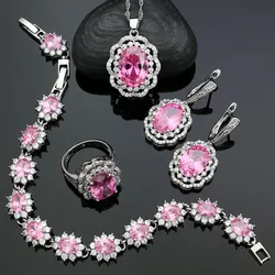 925 Silver Bridal Jewelry Sets For Women Wedding Accessories Pink Cubic Zirconia Earrings/Ring/Bracelet/Necklace/Pendant