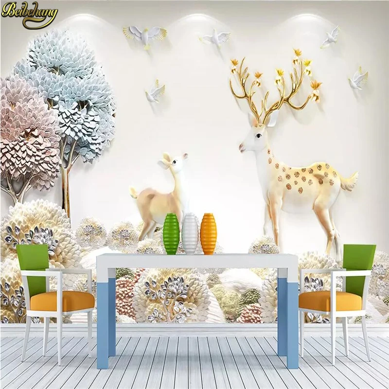 

beibehang Custom 3D mural wall paper Nordic embossed photo wallpaper fortune tree elk European background decoration painting