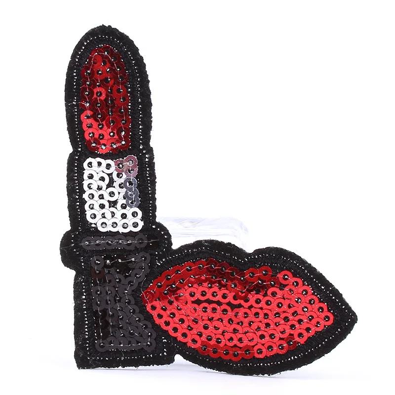 10pcs/lot Sequined Lipsticks Mouth Patch Iron On Embroidered Stickers DIY Jeans appliques Handmade Garments Coats