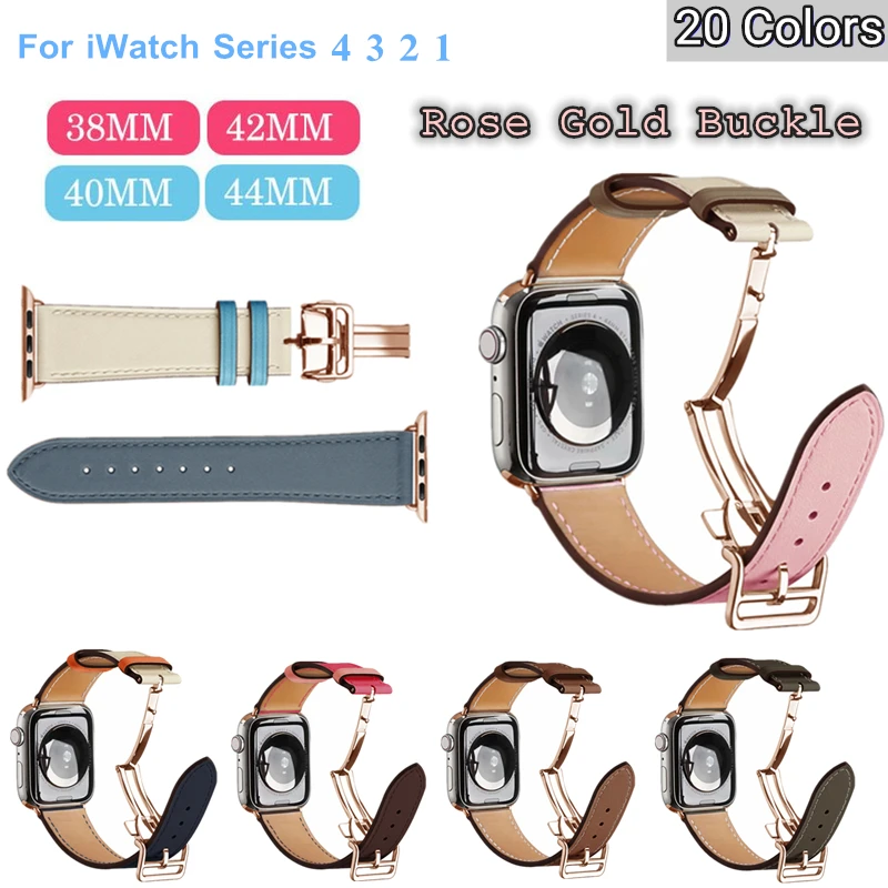 Rose Gold Buckle Strap For Apple Watch 44mm 40mm Leather Single Tour Deployment Replacement Wristband For iWatch 4 3 2 1 Band