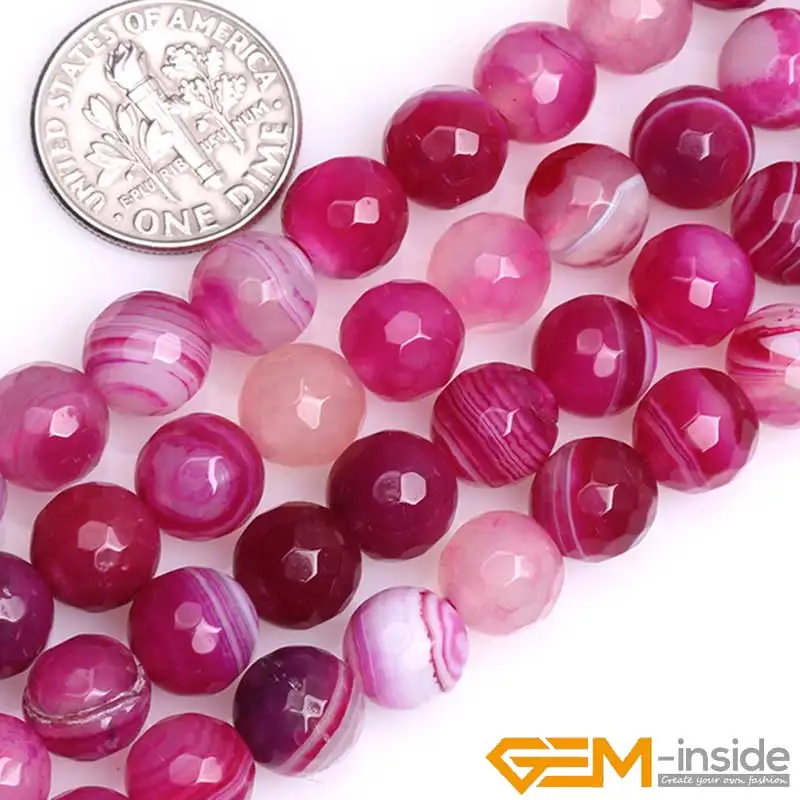 Round Faceted Banded Fuchsia Agates Beads For Jewelry Making Strand 15