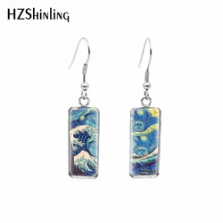 2019 New The Great Wave Off Kanagawa Rectangular Earring Hokusai Paintings Fish Hook Earring Photo Glass Dome Jewelry