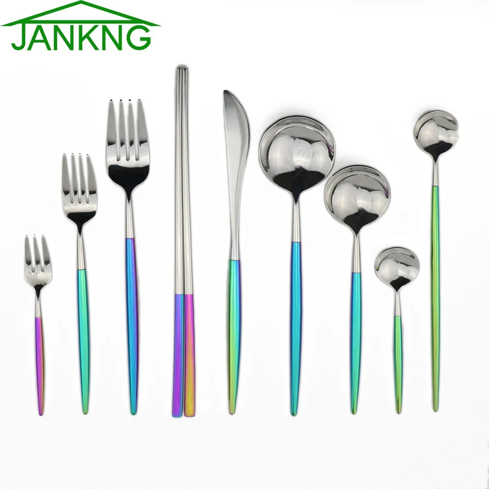 JANKNG 1-Piec 18/10 Stainless Steel Dinnerware Luxury Blazing Colorful Knife Silverware Set Rainbow Tableware Cutlery set