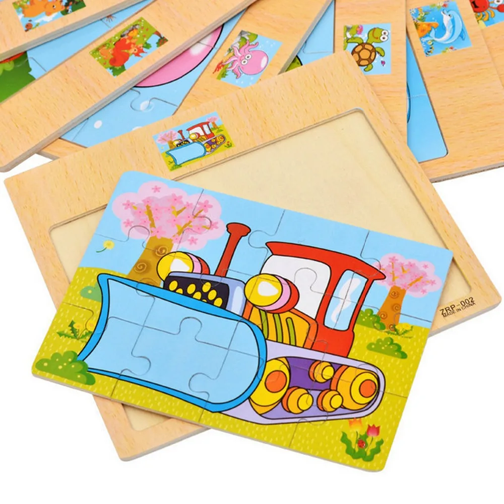 Hot Sale 12/9 PCS Puzzles Wooden Kids Baby Wood Cartoon Vehicle Animals Learning Educational Toys for Children Gift