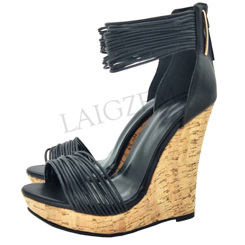 LAIGZEM SUPER Women Sandals Platform Wedges Heels Ankle Straps Pumps Summer Black Shoes Woman PARTY Clubs Big Size 34 41 43 48