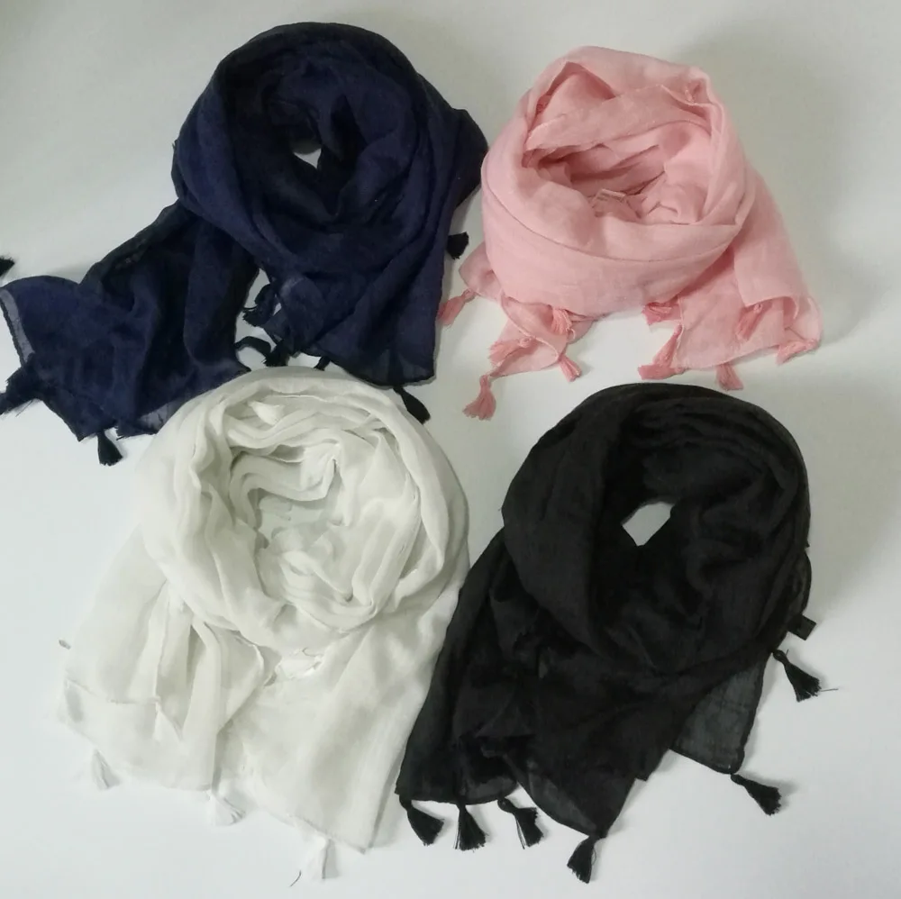 2018 New Fashion Plain Color Tassel Scarves And Shawls Cotton Voile Solid Color Scarf Muffler Wraps Hijab 4 Color Free Shipping