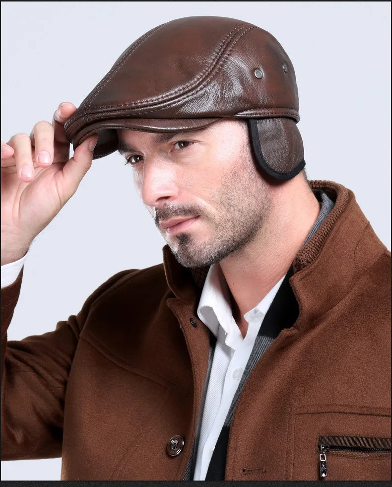 Men\'s outdoor leather hat winter Berets male warm Ear protection cap 100% genuine leather dad hat wholesale Leisure bone