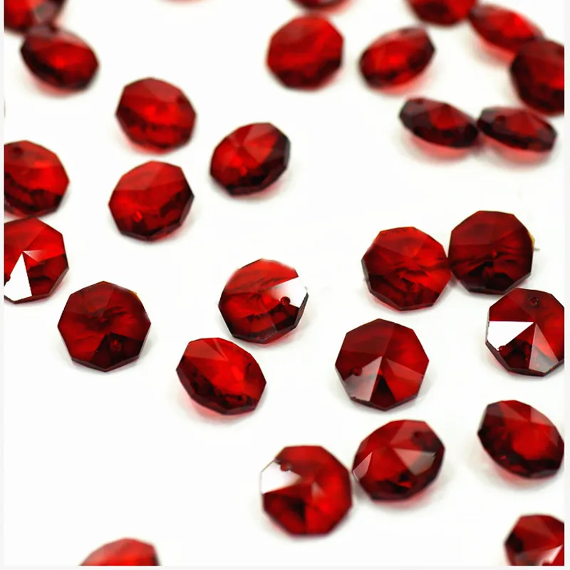 Top Quality 100pcs 14mm Dark Red Glass Octagonal Stones In One Hole (Free Rings) Crystal Chandelier Beads, Crystal Curtain Beads