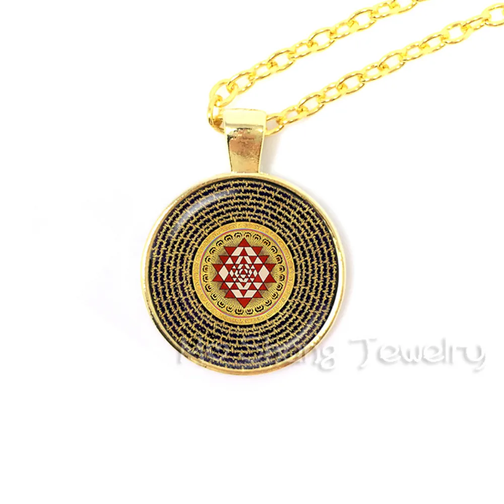 Hinduism Sri Yantra Pendant Red Mandala Lotus Flower Necklace for Women Glass Dome Buddhist Necklace India Jewelry Vintage