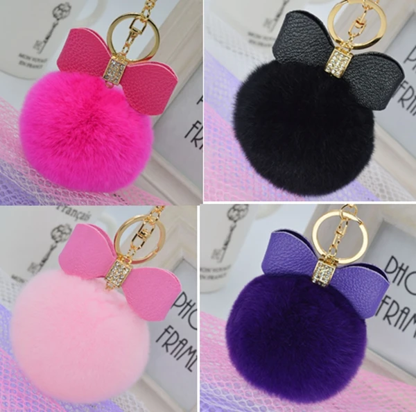 

Dhl Free 60pcs Bowknot Fur Pom Keychain Real Rex Rabbit Ball Key Chains Keyring Pendant For Women Bag