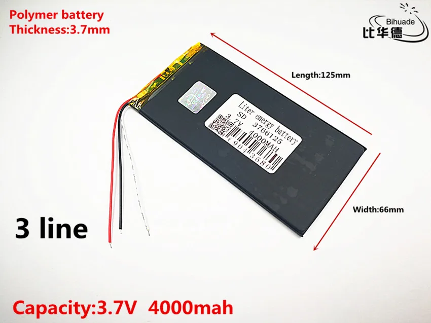 3 line Good Qulity 3.7V,4000mAH 3766125 Polymer lithium ion / Li-ion battery for tablet pc BANK,GPS,mp3,mp4