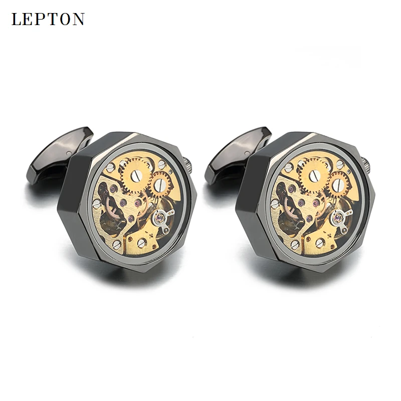 Newest Gold Watch Movement Cufflinks Lepton Non-Functional Stainless Steel Steampunk Gear Watch Mechanism Cufflink for Men