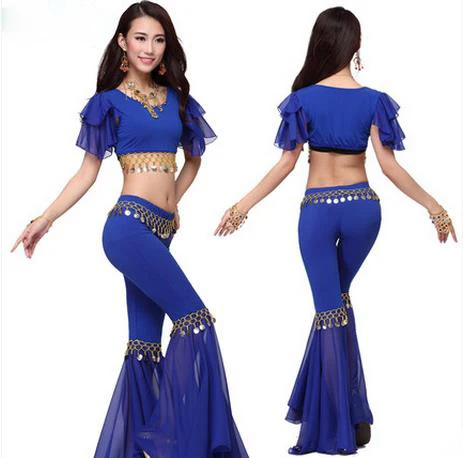 Traje de danza del vientre de algodón y gasa de cristal para mujer, top de altavoz, pantalones, conjunto de danza del vientre, conjuntos de baile