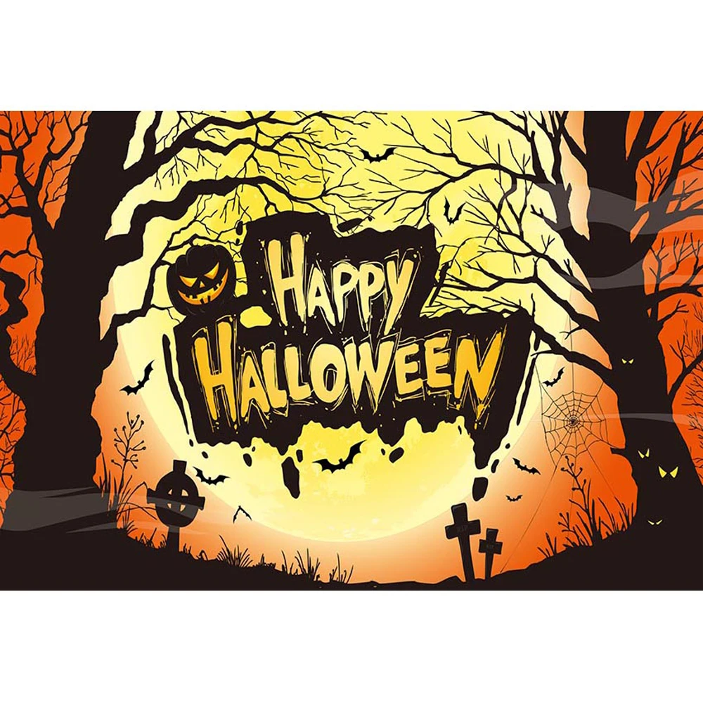 

Happy Halloween Backdrop for Photography Full Moon Night Trees Pumpkin Lantern Cobweb Bats Kids Party Photo Booth Background