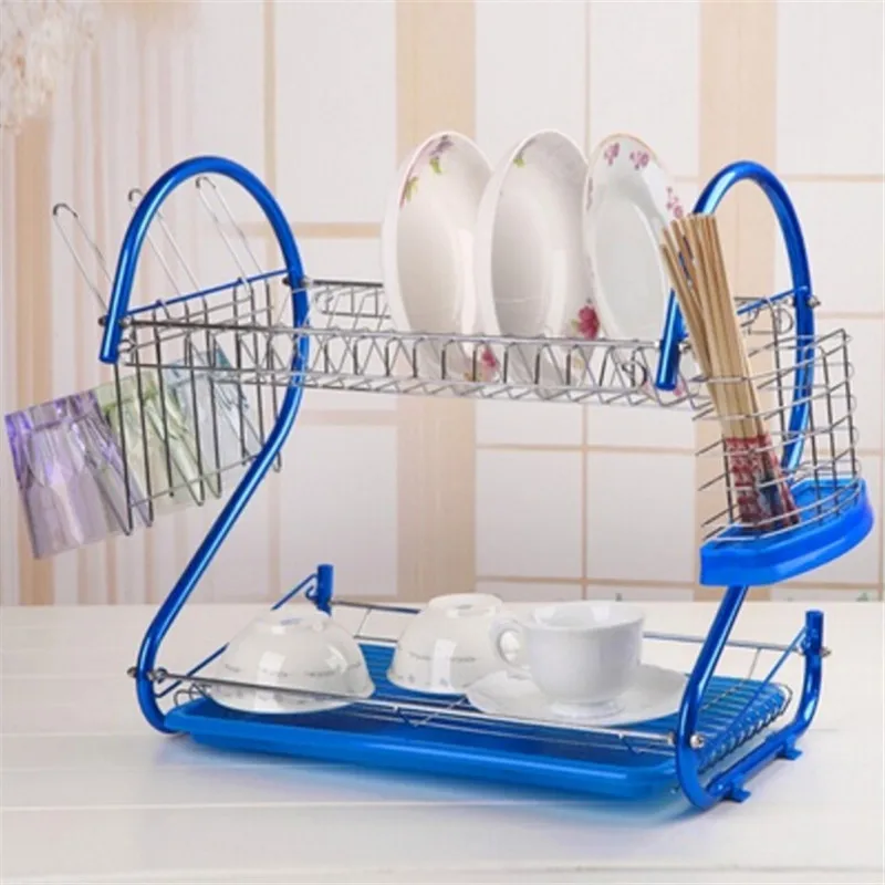 Top Quality Dish Rack Set 2-Tier Chrome Stainless Steel Plate Dish Cutlery Cup Racks Kitchen Rack