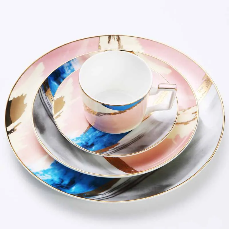 Dinnerware Set Plate Coffee Cup And Saucer Gold Pink Plate Scrawl Dessert Watercolor Dishes Tableware Set Flat Tray 8/10inch