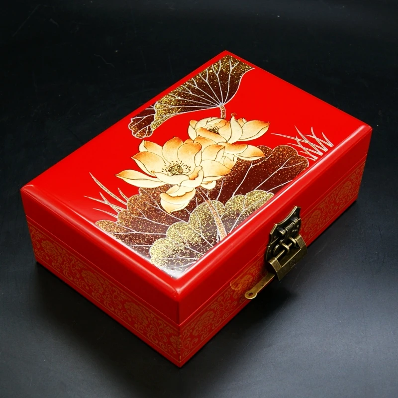 Antique Wooden Jewelry Box, Antique Storage Boxes, Chinese Lacquerware, Lacquer Arts with Lock, Wedding Gift, Red, Blue, Black